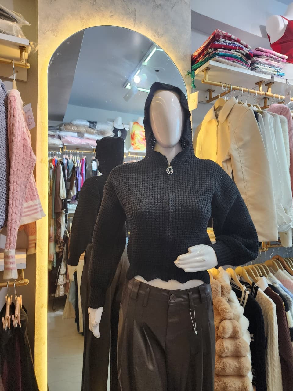 Cropped Waffle Knit Hoodie Cardigan