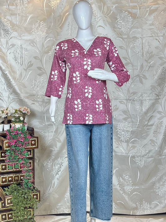 Women Black & pink with white contrast Floral Printed Full-Sleeve Short Kurti