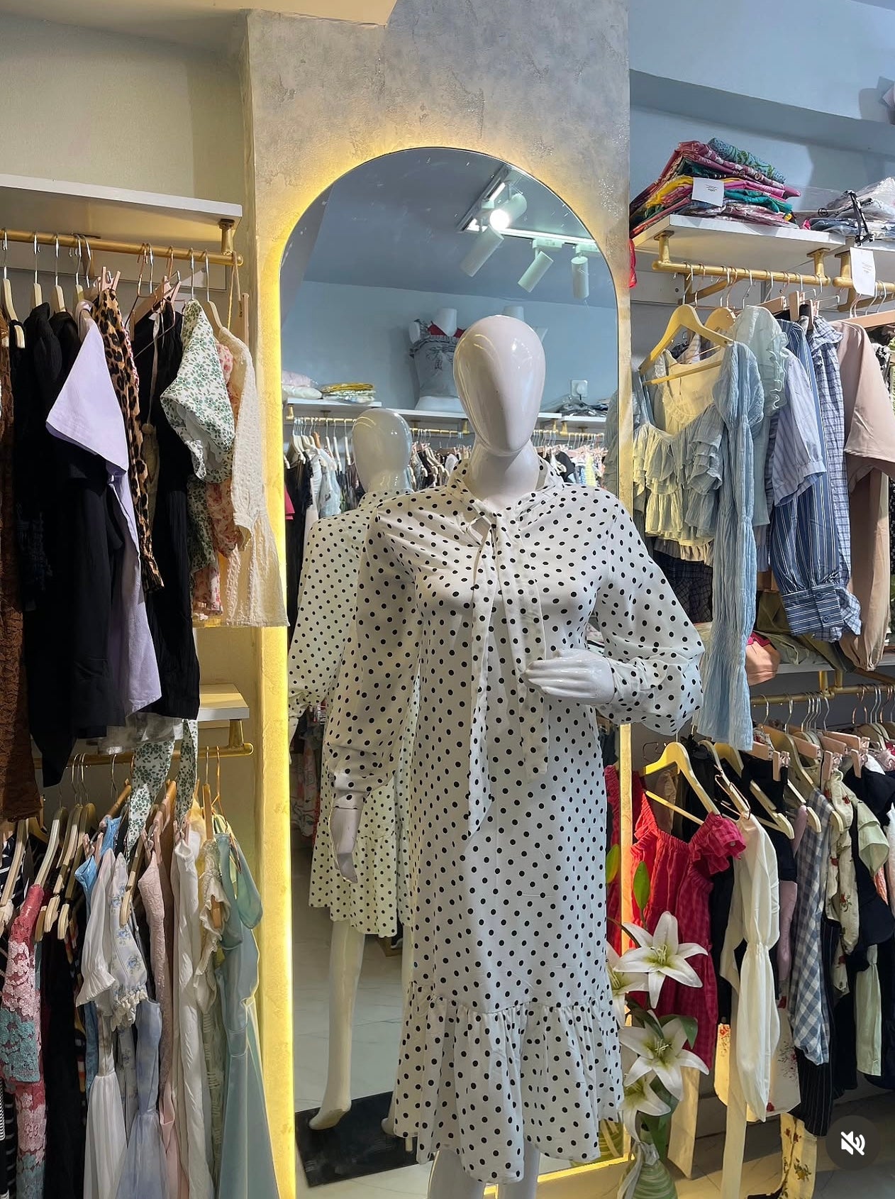 White & Black Polka Dot A-Line Midi Dress with Tie-Up Neck