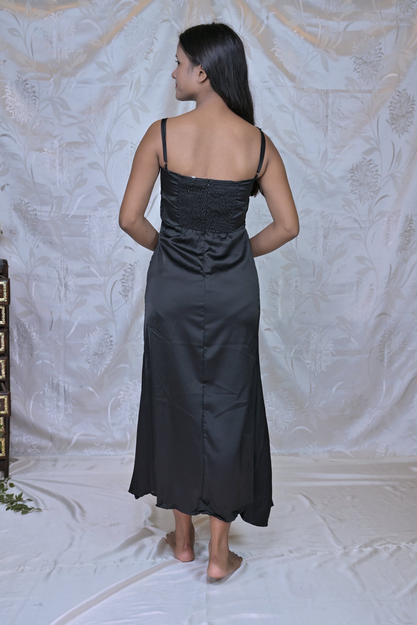 Black Solid Tiered Hem Satin Midi Dress