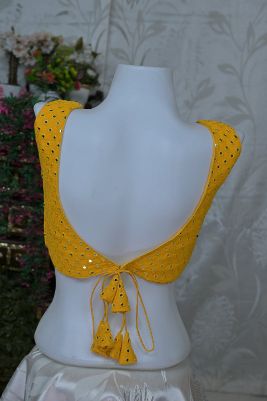 Deep V-Neck Mirror Work Blouse with Dori