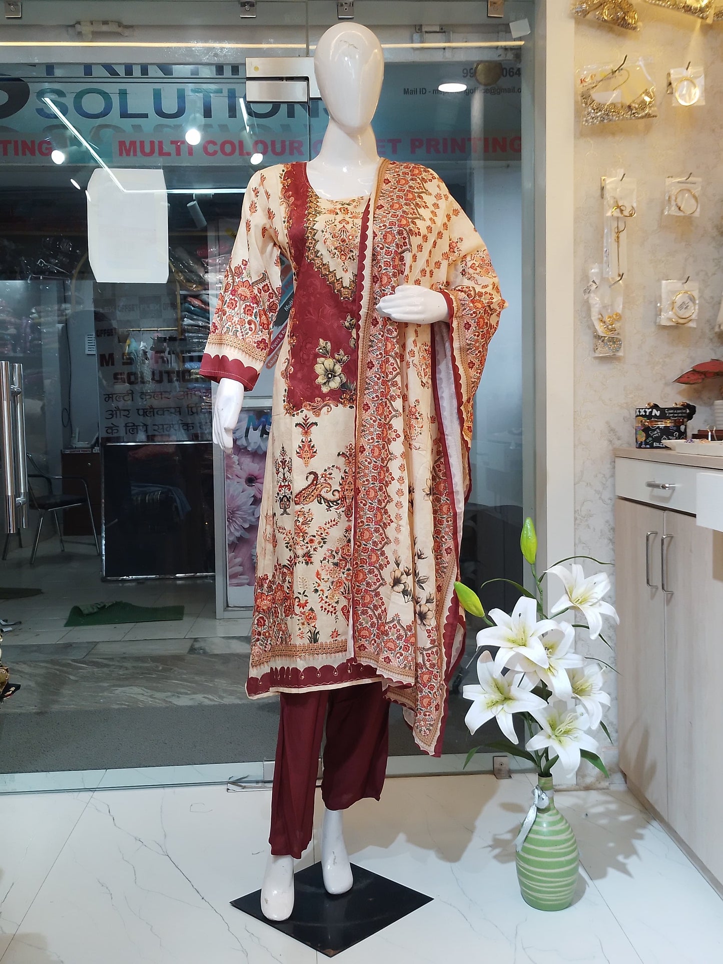 Maroon & Beige Heritage" Block Print Muslin Suit Set