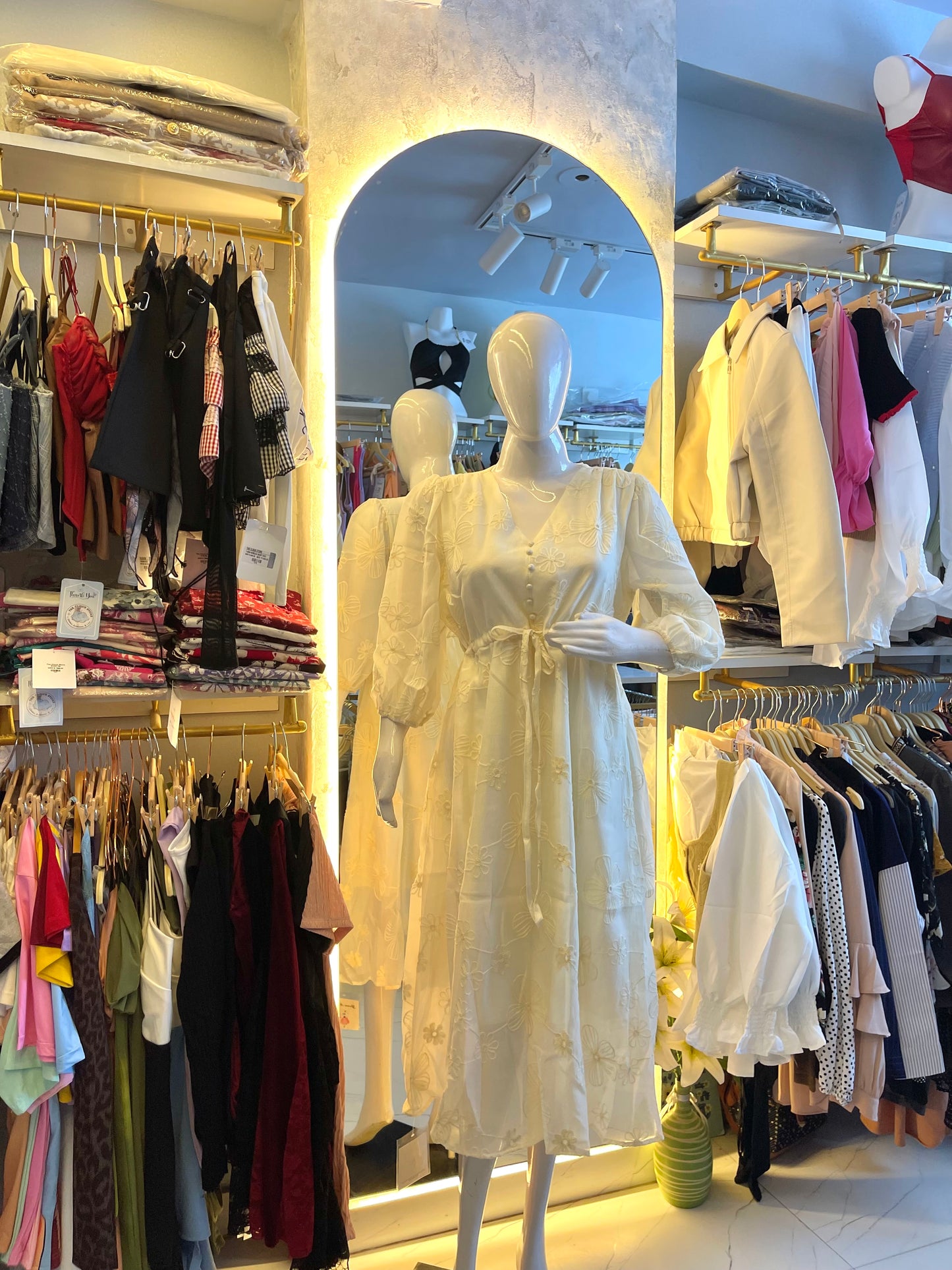 Ivory Whisper" Embroidered Tie-Waist Midi Dress