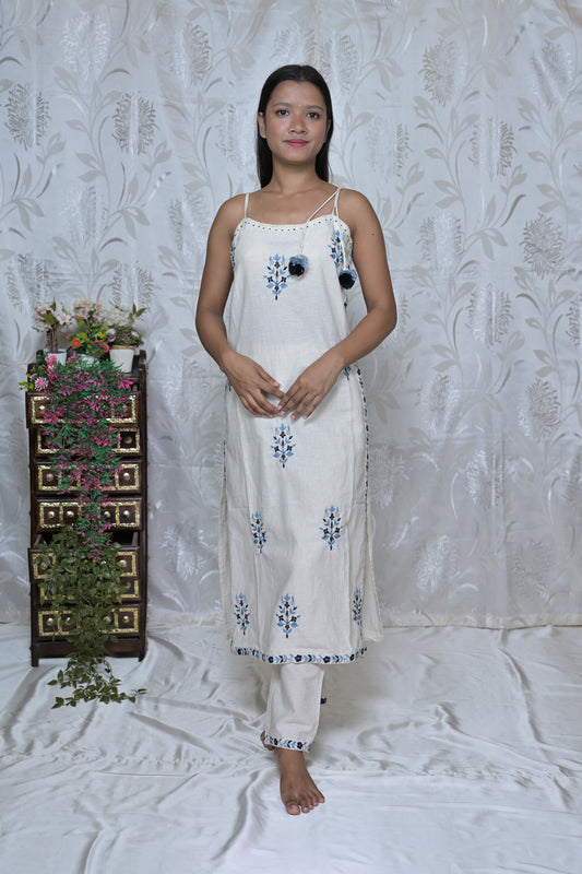 White & Blue Print Kurta Set with Ombre Dupatta