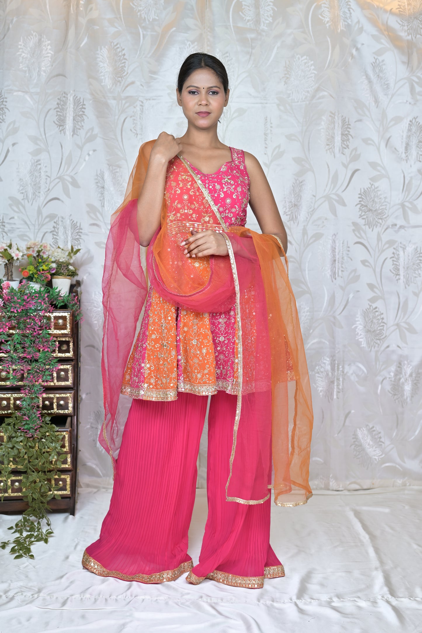 Pink & Orange Peplum Kurta with Palazzo & Dupatta Set
