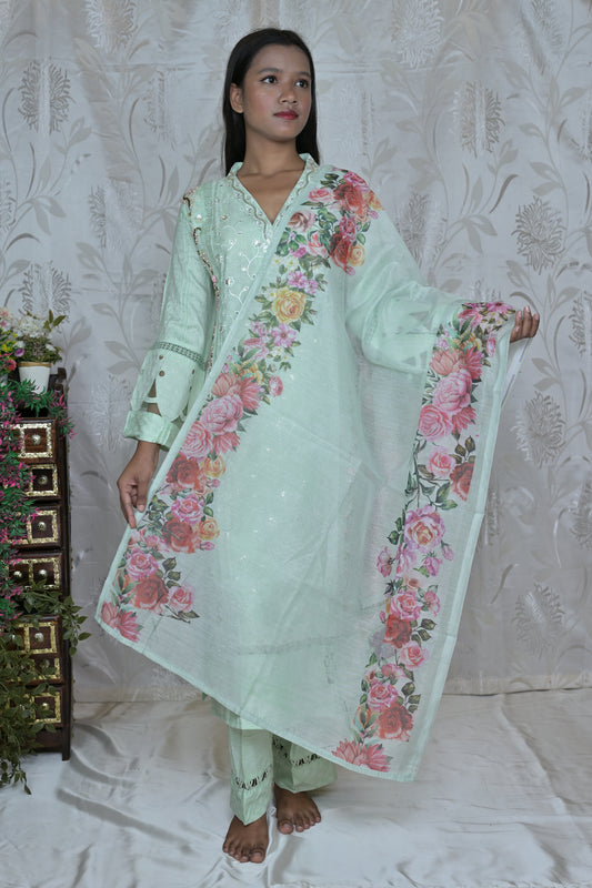 Pink & Mint Green Embroidered Suit Set with Dupatta