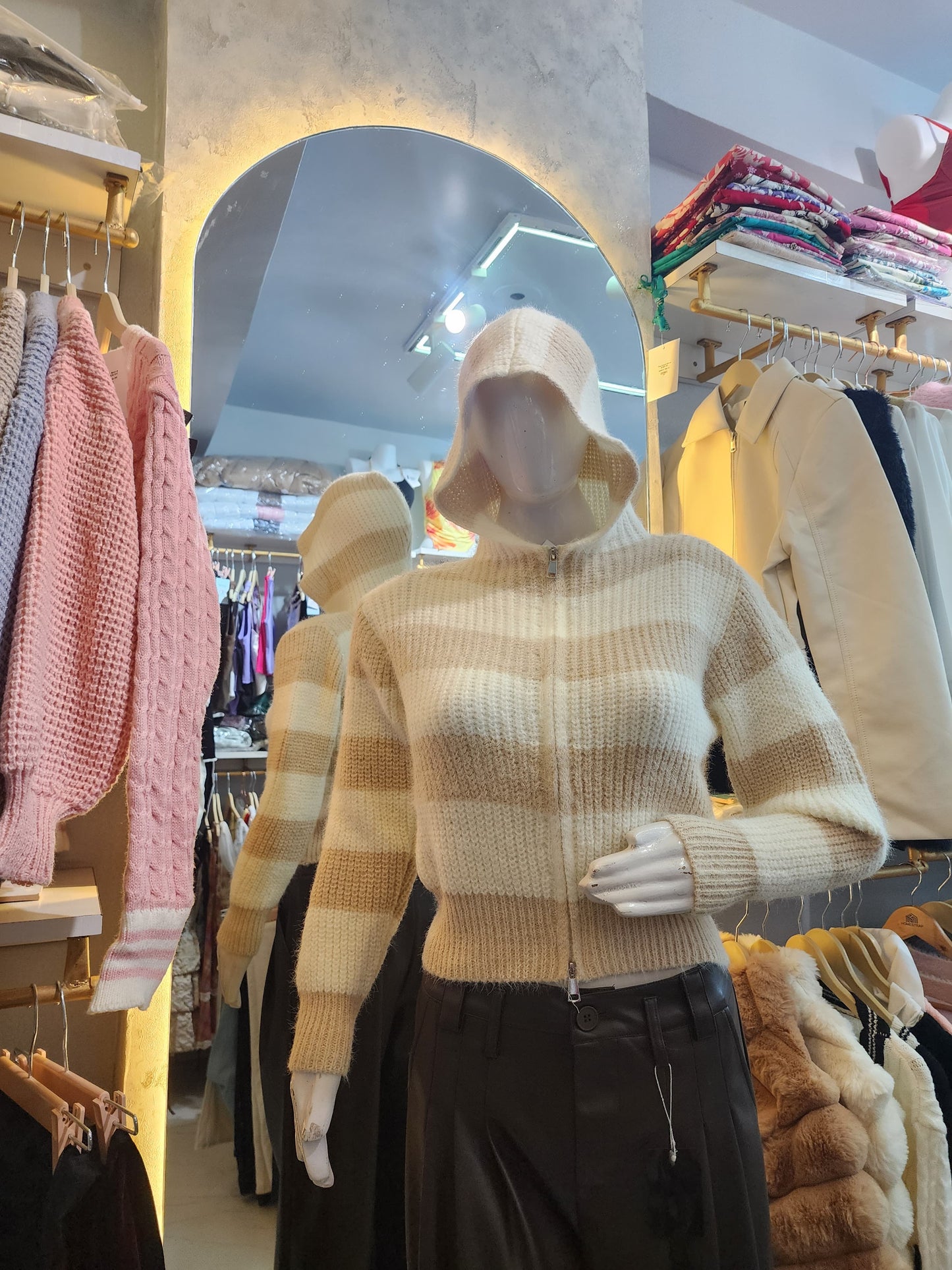 Striped Cropped Knit Hoodie Jacket with zipper