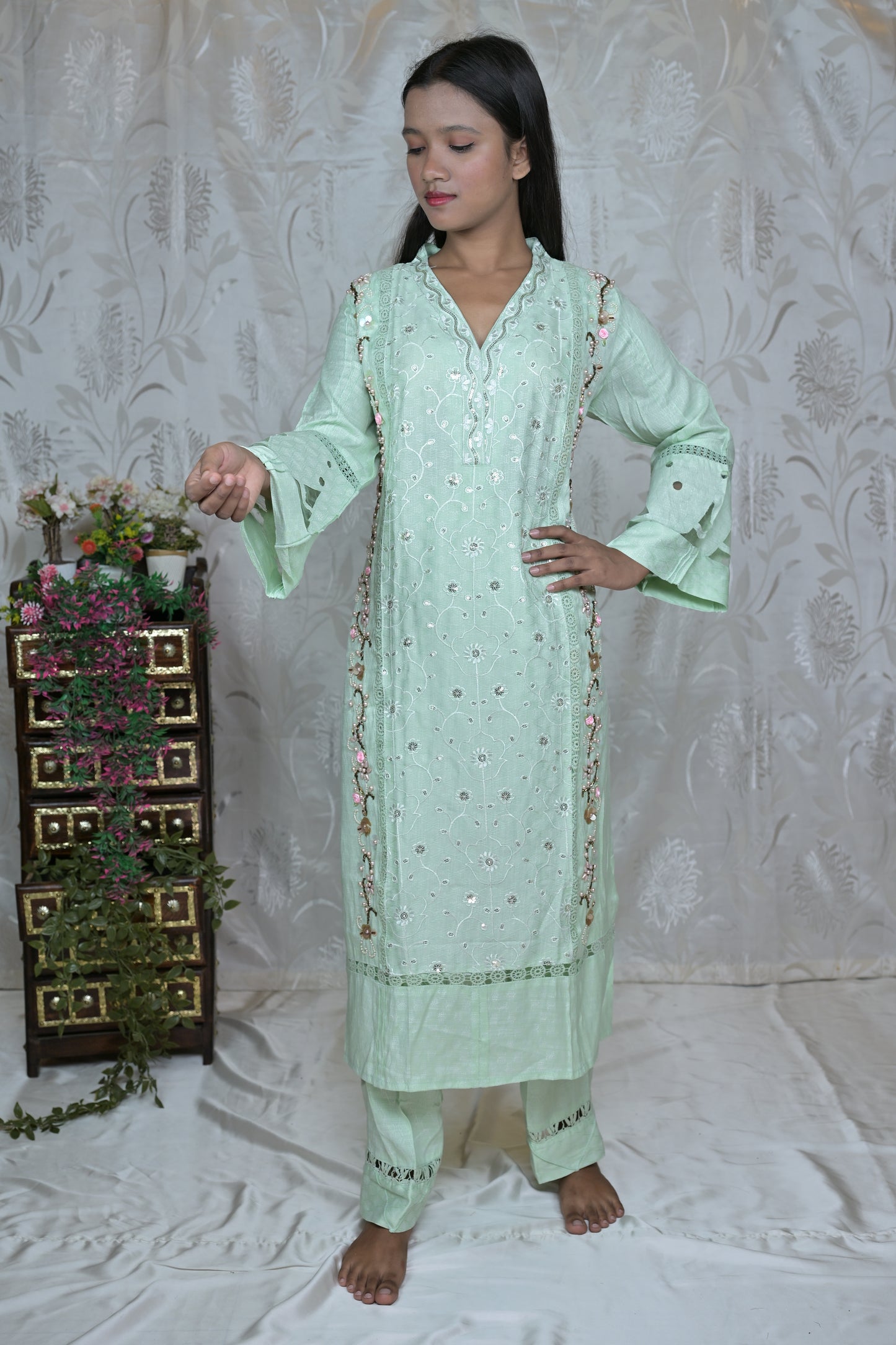 Pink & Mint Green Embroidered Suit Set with Dupatta