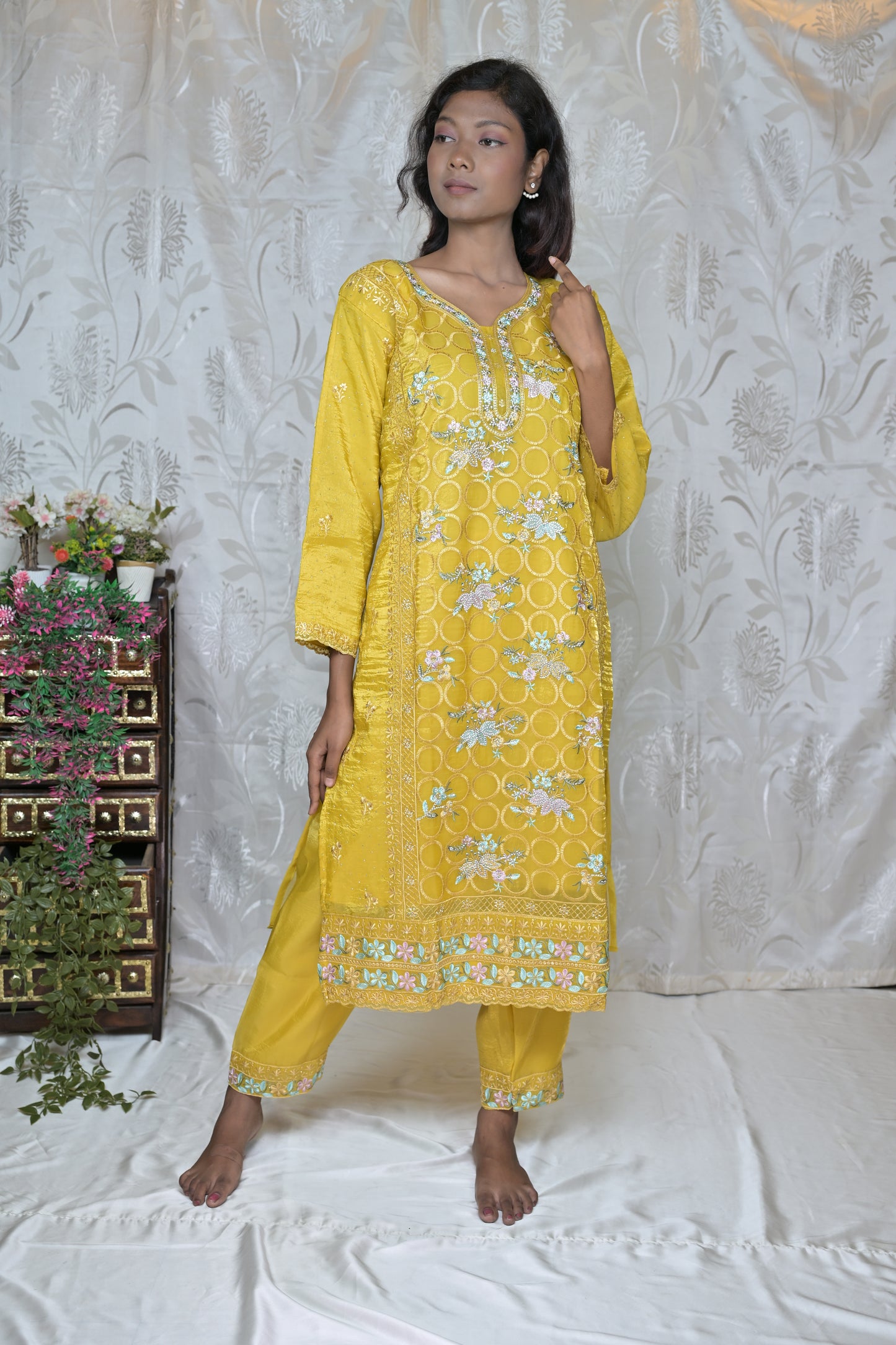 Artistic Floral Painted Kurta Set with Wrap Detail
