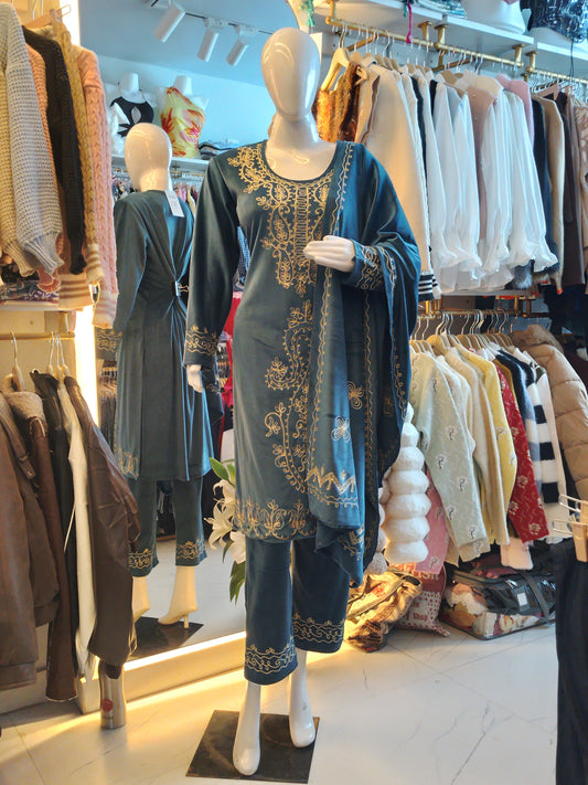 Embroidered Velvet Suit Set