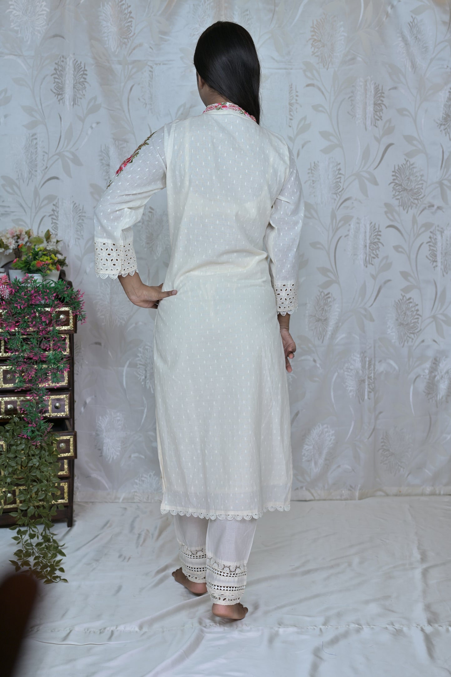 Delicate Floral & Cutwork White Suit