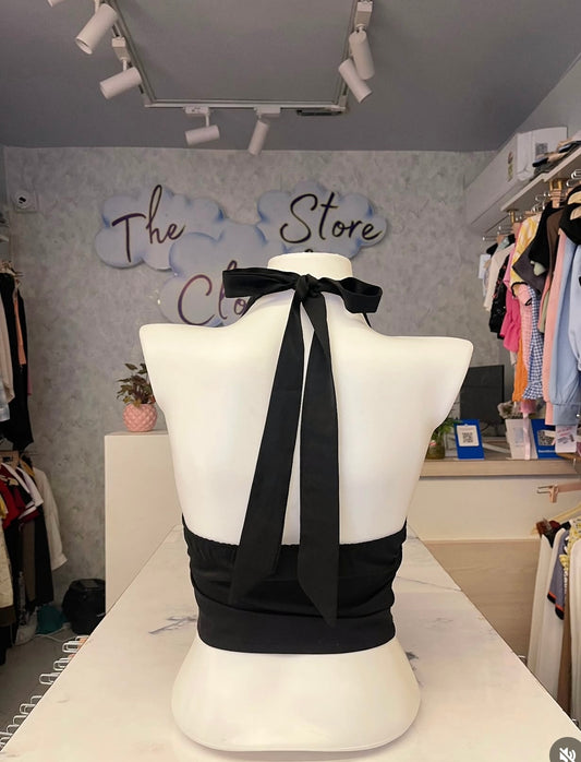 Jet Black Keyhole Halter Neck Ruched Crop Top