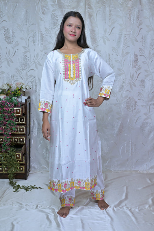 White Embroidered Suit with Pink Banarasi Dupatta