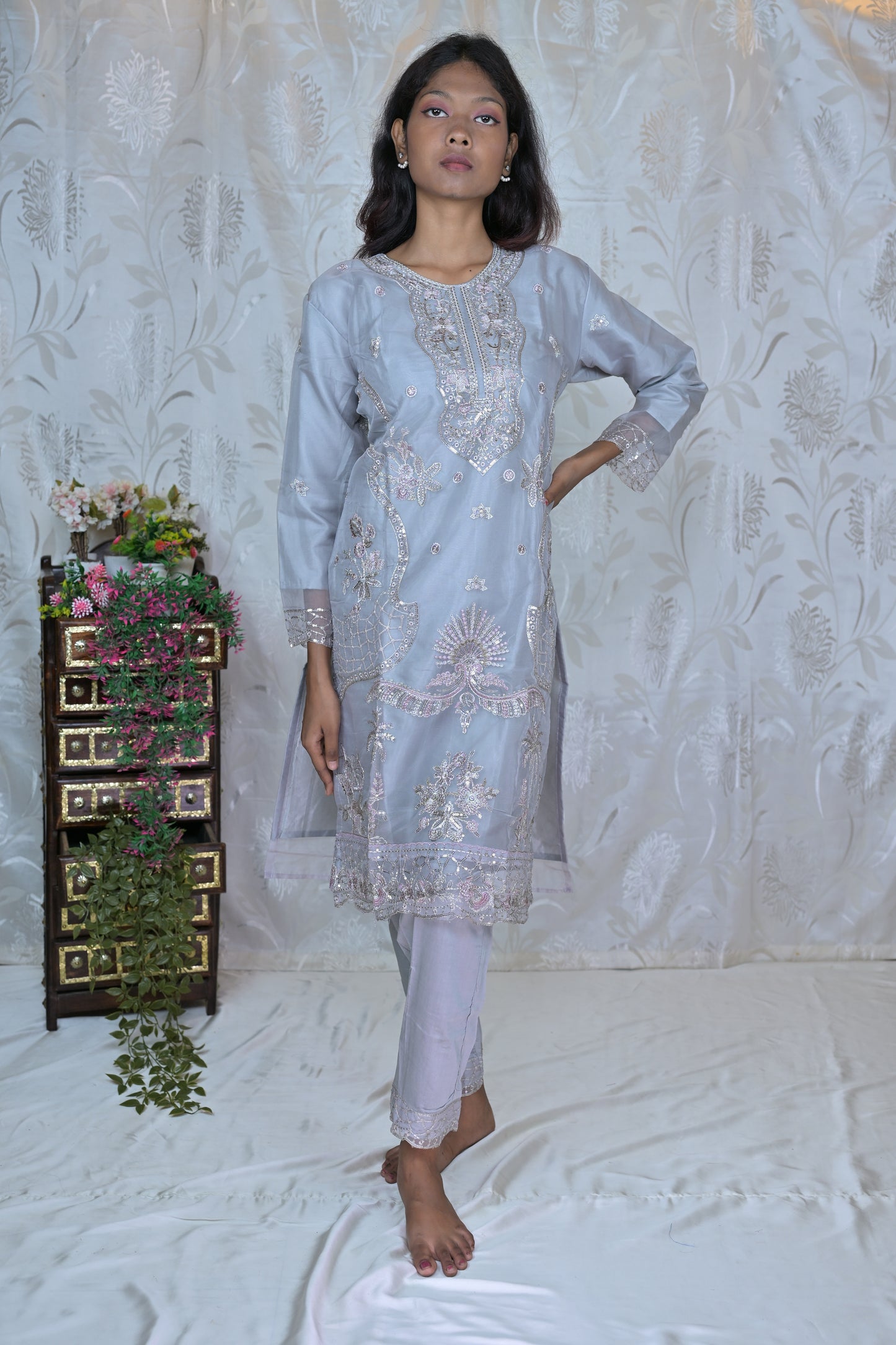 Sheer Elegance Embroidered Organza Suit