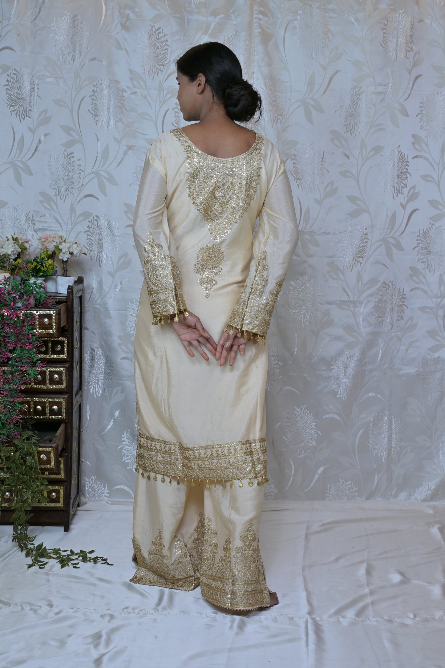 Cream & Gold Heavy Embroidered Palazzo Suit Set