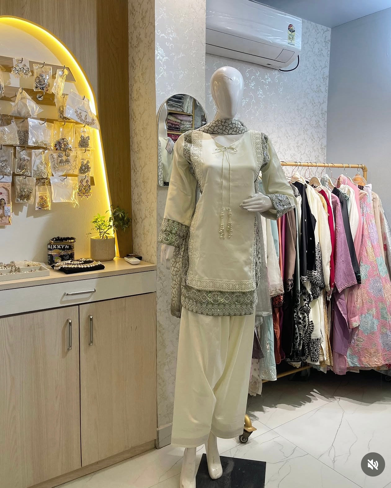 Off-White & Slate Blue Embroidered Farsi Kurta Set with Chiffon Dupatta