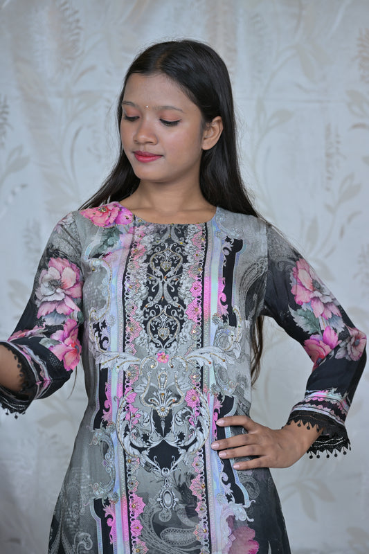 Abstract Floral Muslin Straight Kurta Set