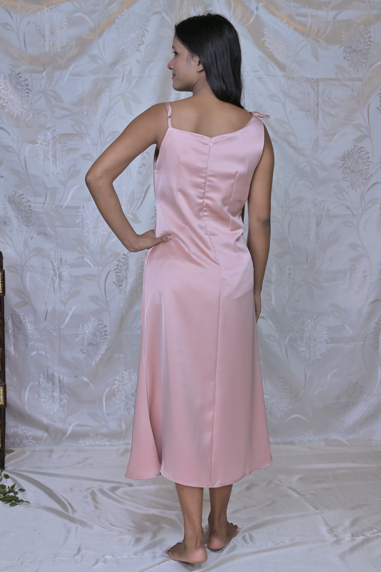 Black Solid Satin Finish Midi Dress