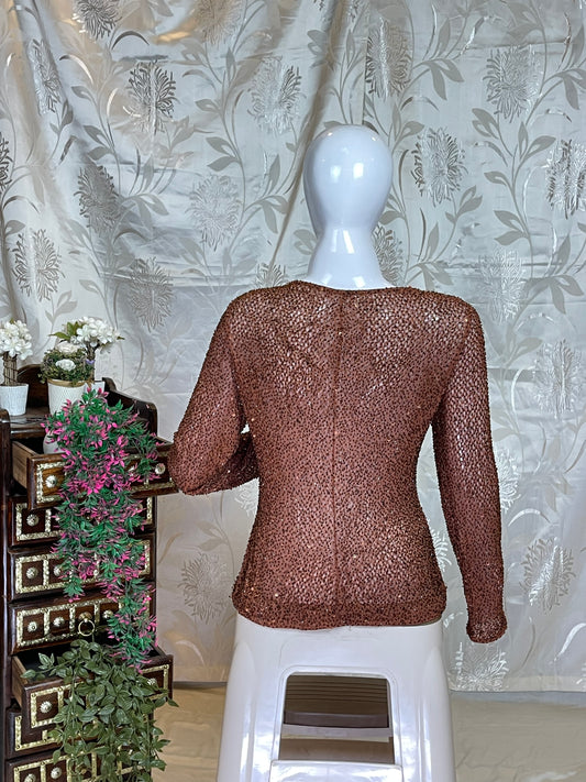 Brownish-Orange Shimmer Y2K V-Neck Top