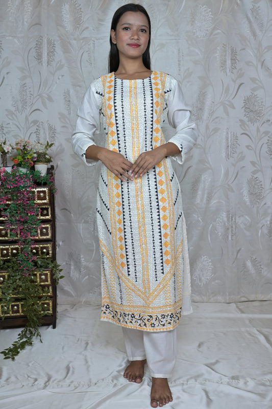 Printed Edge White Kurta Set