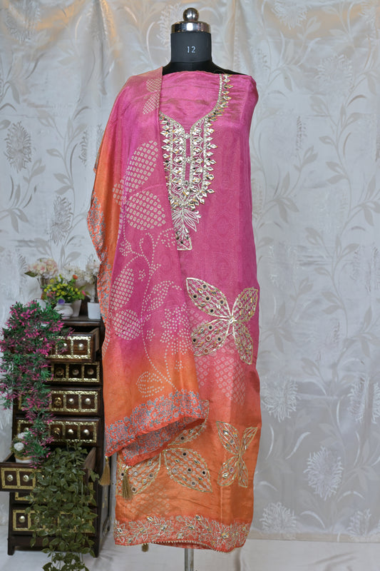 Pink & Orange Ombré Semi-Stitched Suit Material with Heavy Gota & Embroidered Detailing