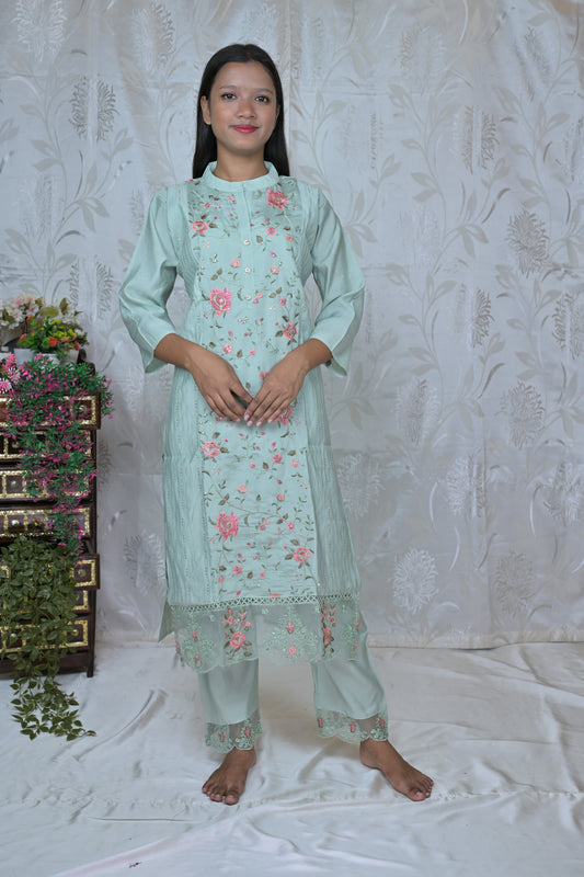 Floral Embroidered Straight Suit Set