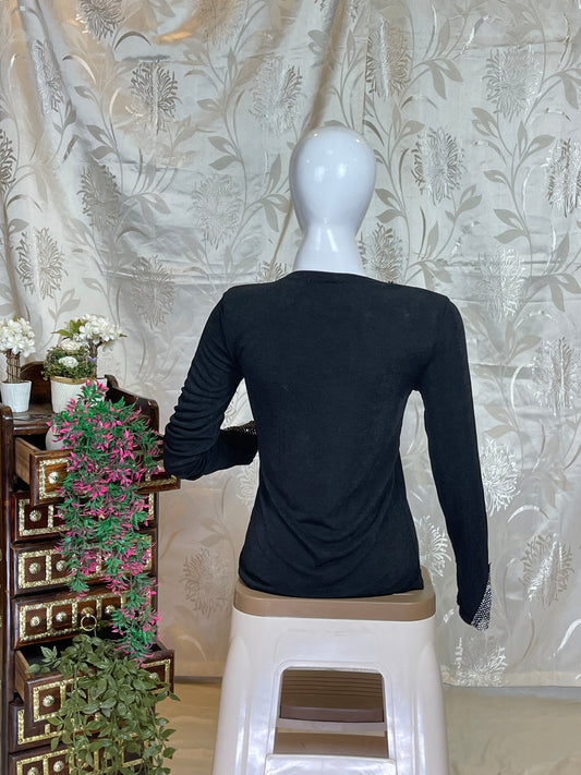 Black Embellished V-Neck Long Sleeve Top