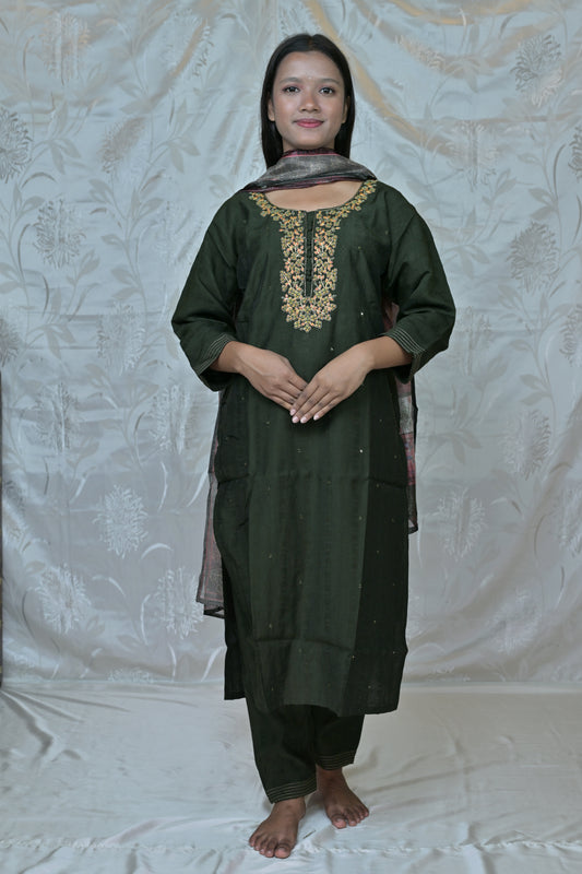 Olive Green Cotton Suit Set with Printed Dupatta