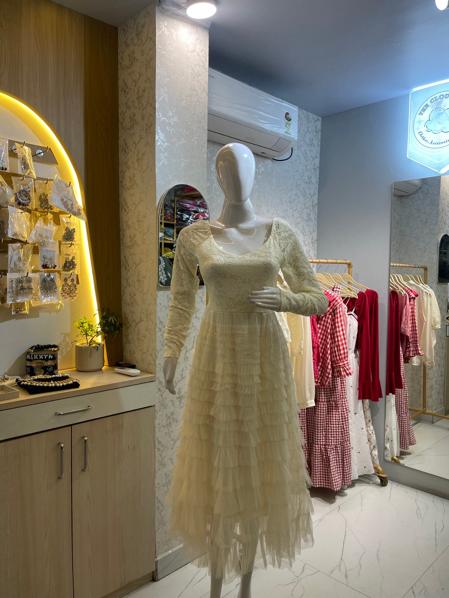 Off-White Self-Design Tiered Net A-Line Dress with Full Sleeves