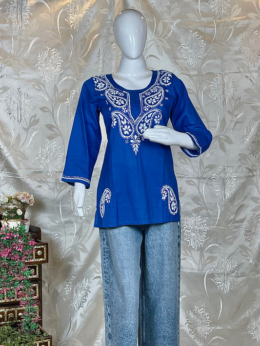 Women Chikankari Embroidered Cotton Short Kurti/Tunic