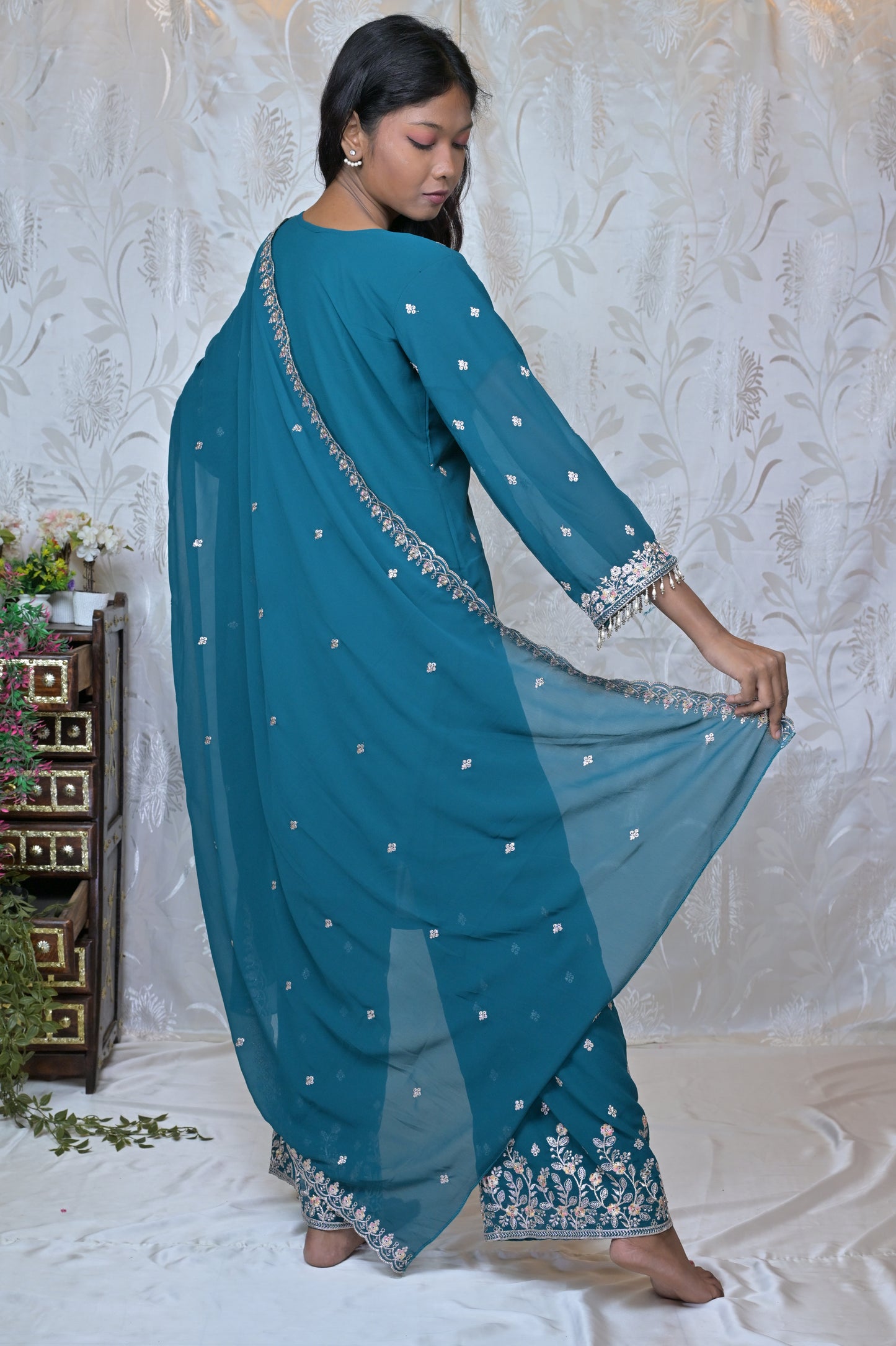 Exquisite Embroidered Georgette Party Wear Suit Set with Palazzos & Dupatta