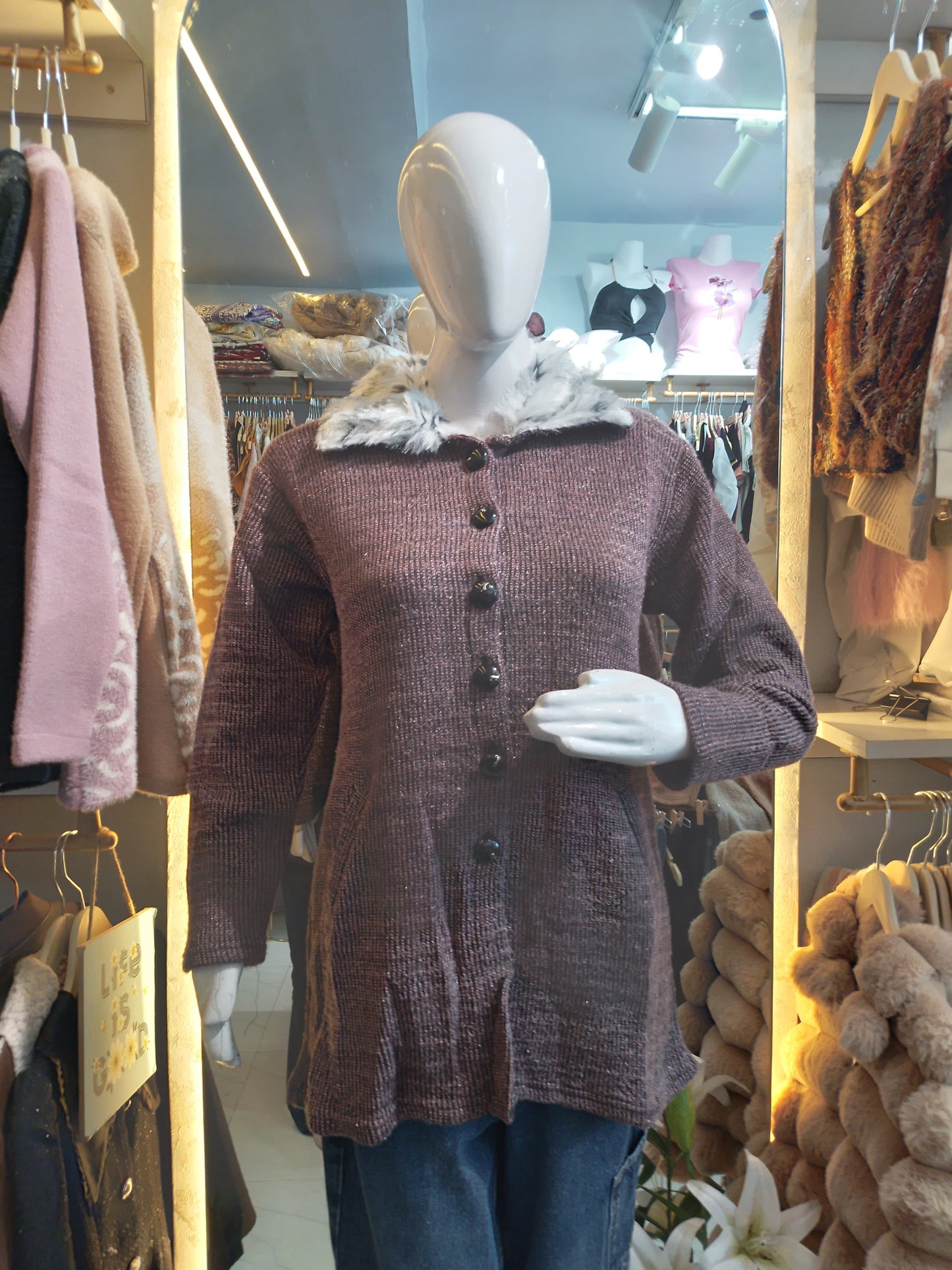 Highland Hearth" Plaid Faux-Fur Trim Cardigan Coat