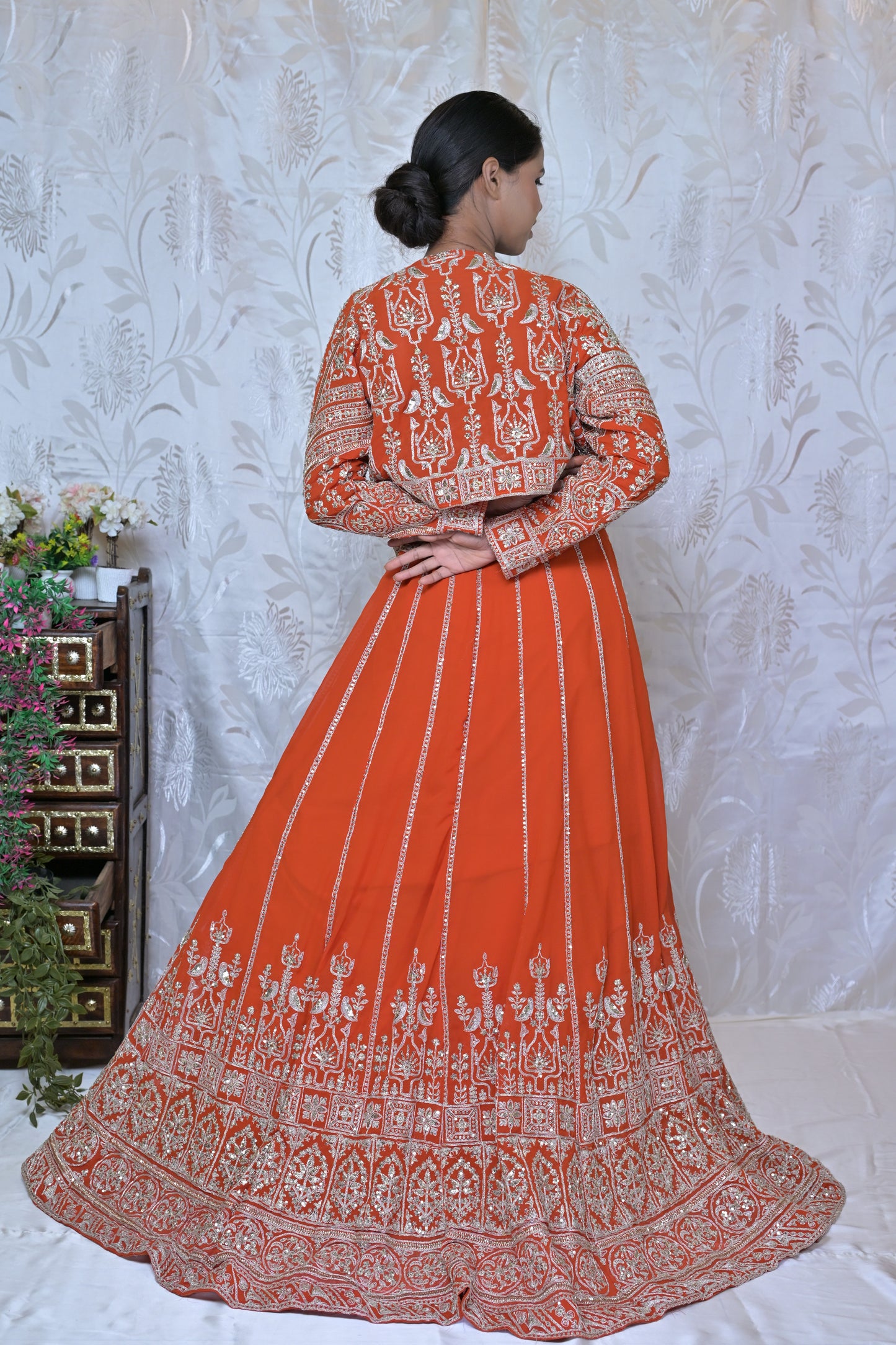 Orange Embroidered Lehenga Set with Jacket