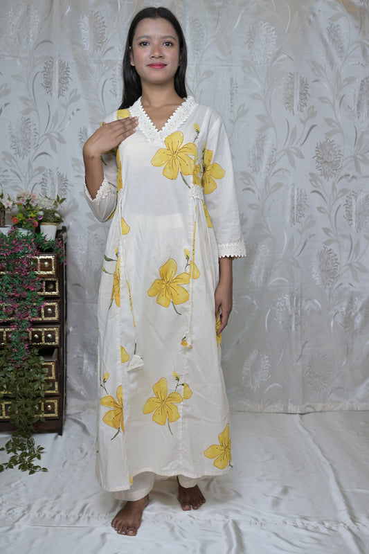 Artistic Floral Painted Kurta Set with Wrap Detail