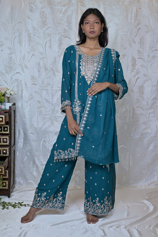 Exquisite Embroidered Georgette Party Wear Suit Set with Palazzos & Dupatta