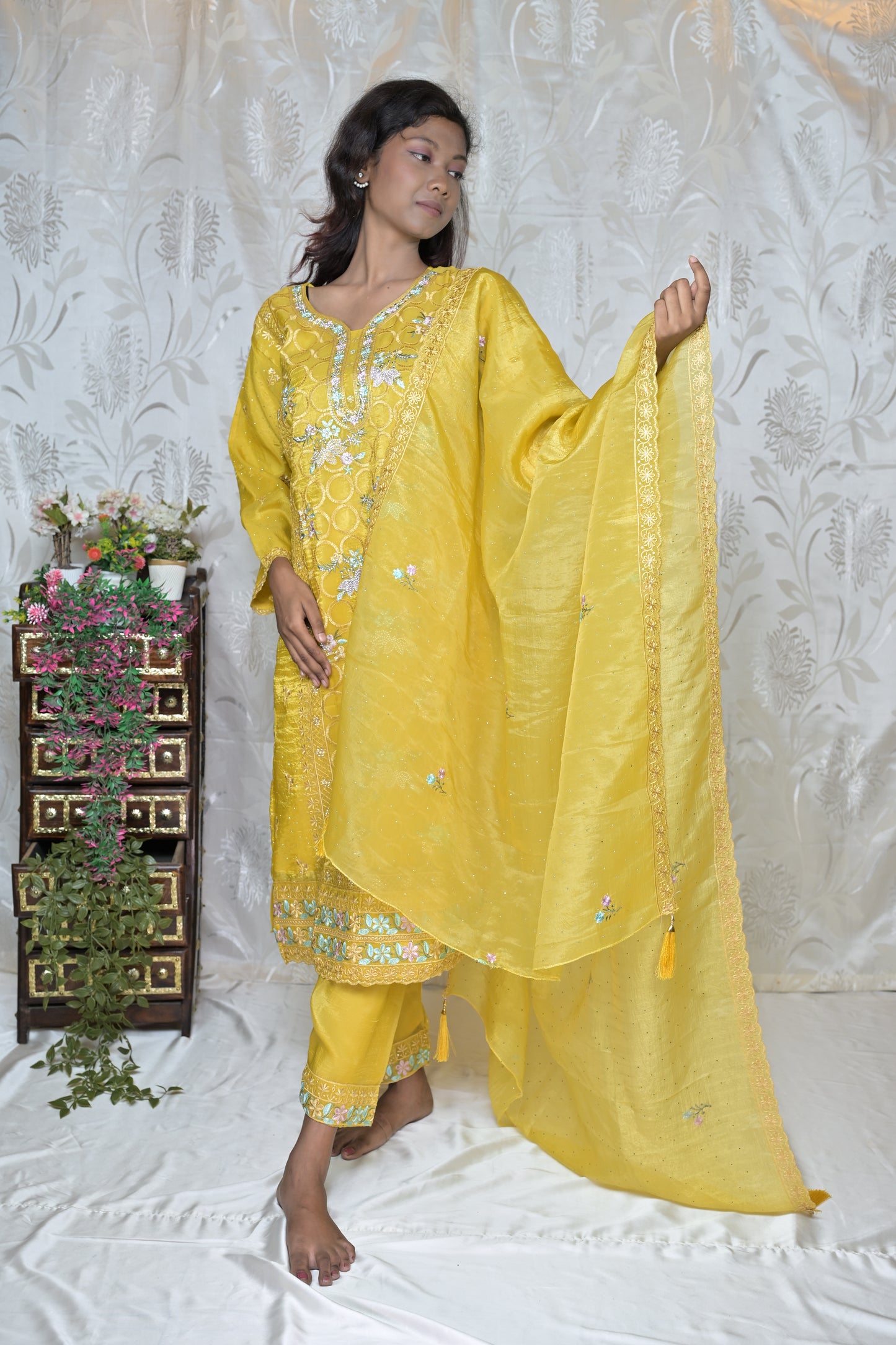 Artistic Floral Painted Kurta Set with Wrap Detail