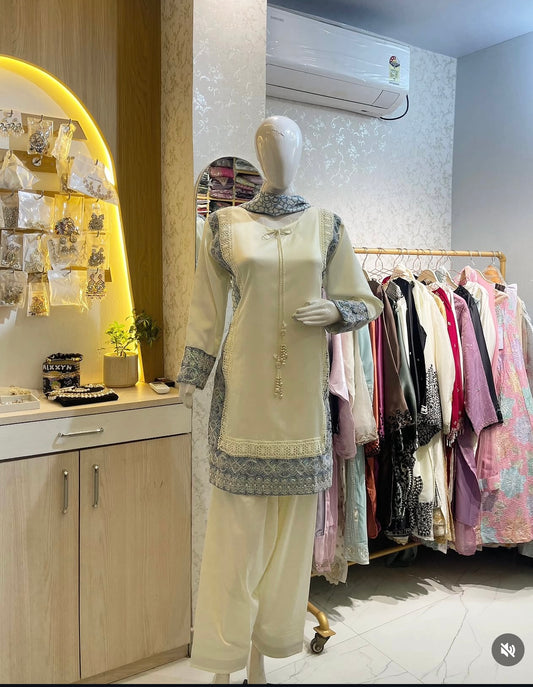 Off-White & Slate Blue Embroidered Farsi Kurta Set with Chiffon Dupatta