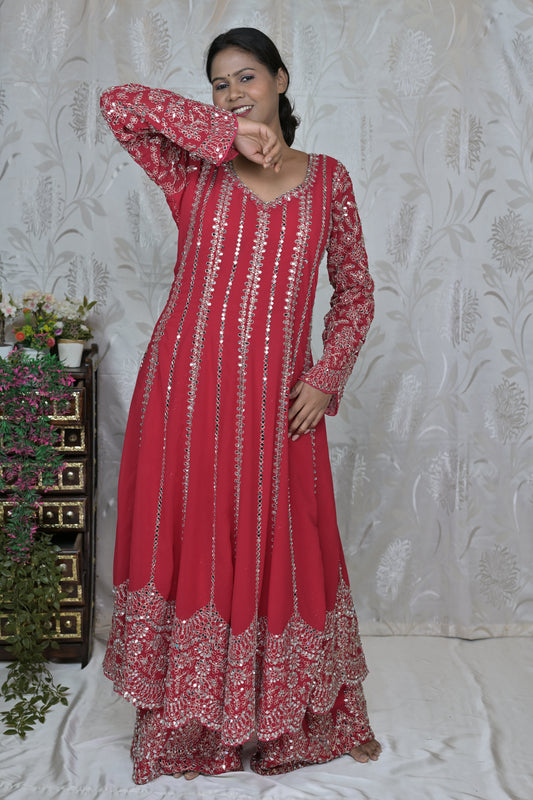 Regal Red Mirror Work Anarkali Suit Set
