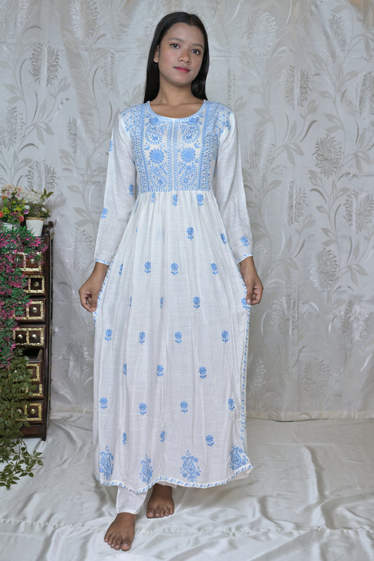 White & Sky Blue Embroidered Mal Mal Cotton Anarkali Kurta Set with Dupatta