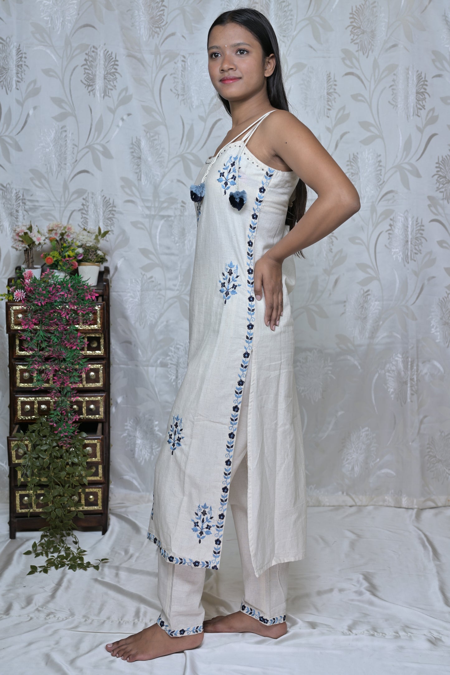 White & Blue Print Kurta Set with Ombre Dupatta