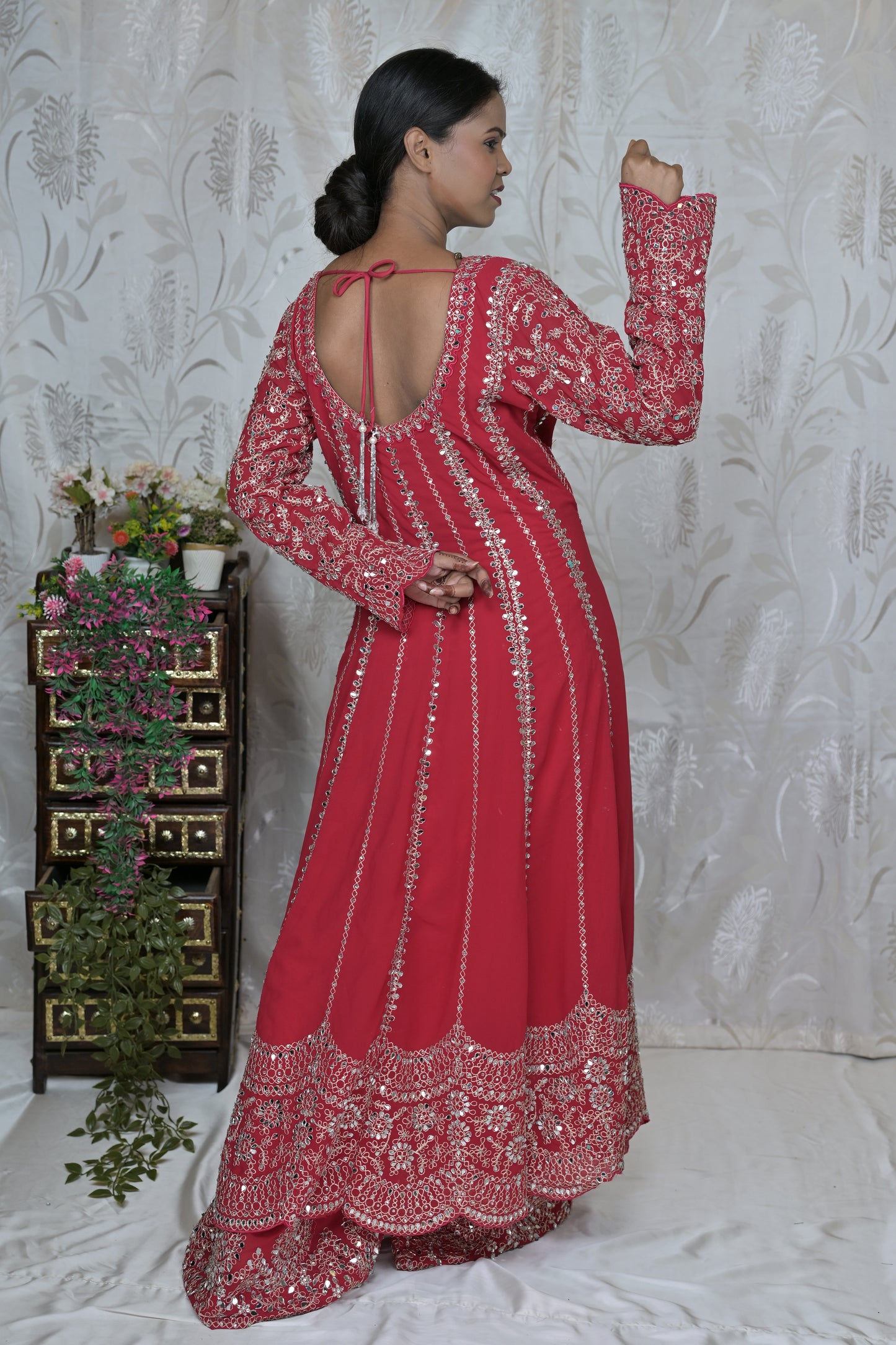Regal Red Mirror Work Anarkali Suit Set