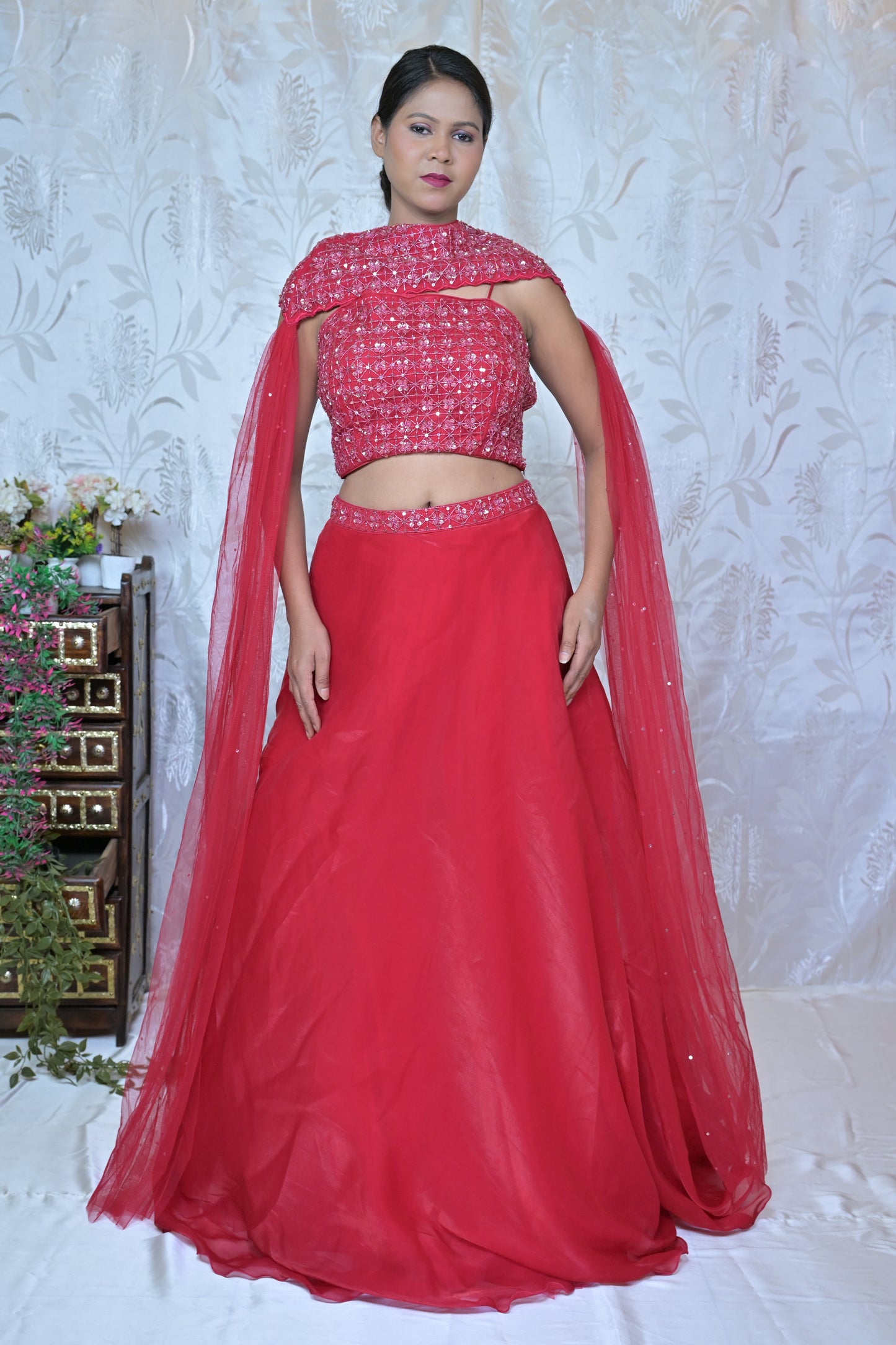 Glamorous Red Sequin Drape Lehenga