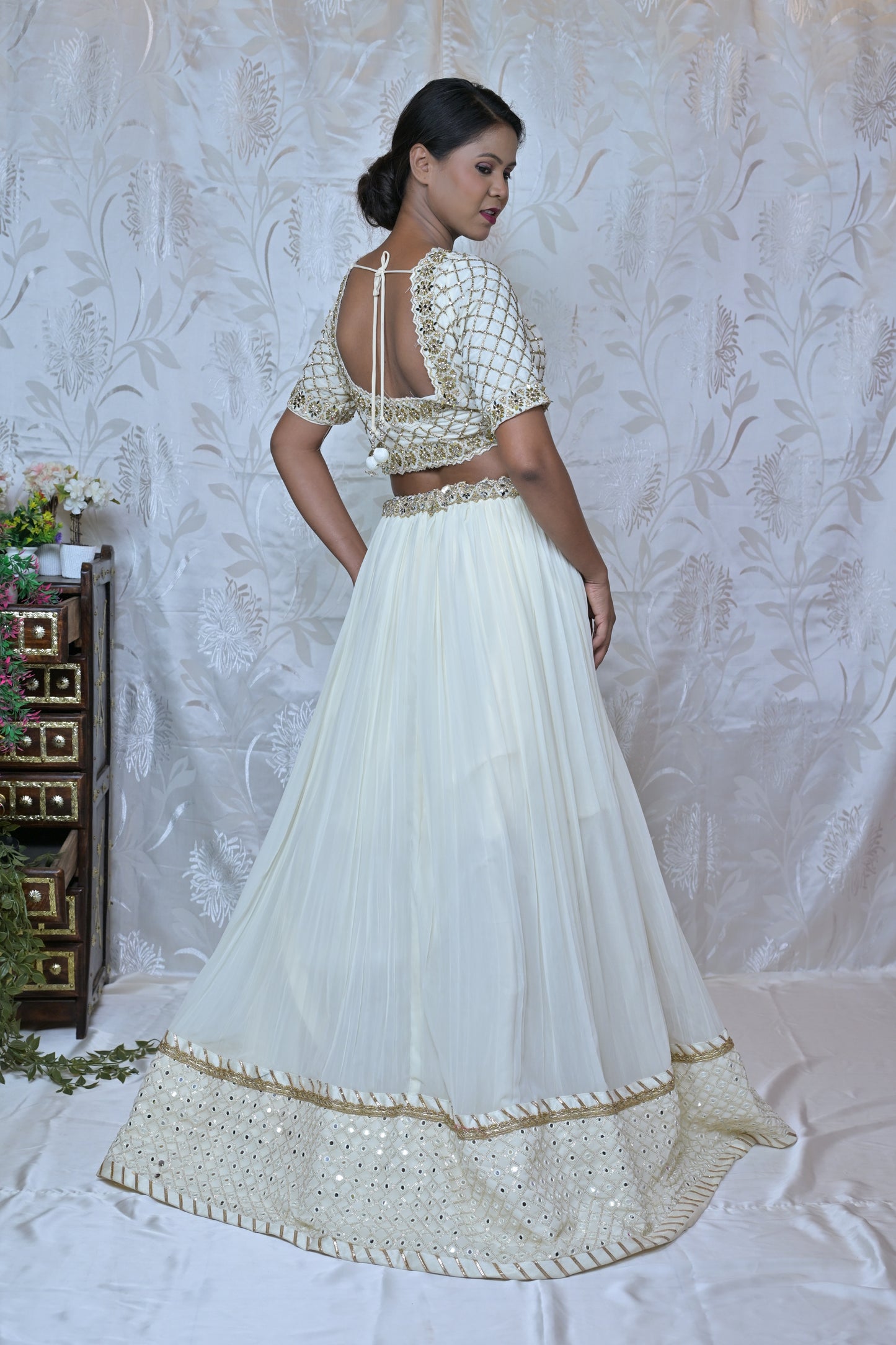 Off-White & Gold Mirror Work Lehenga Set