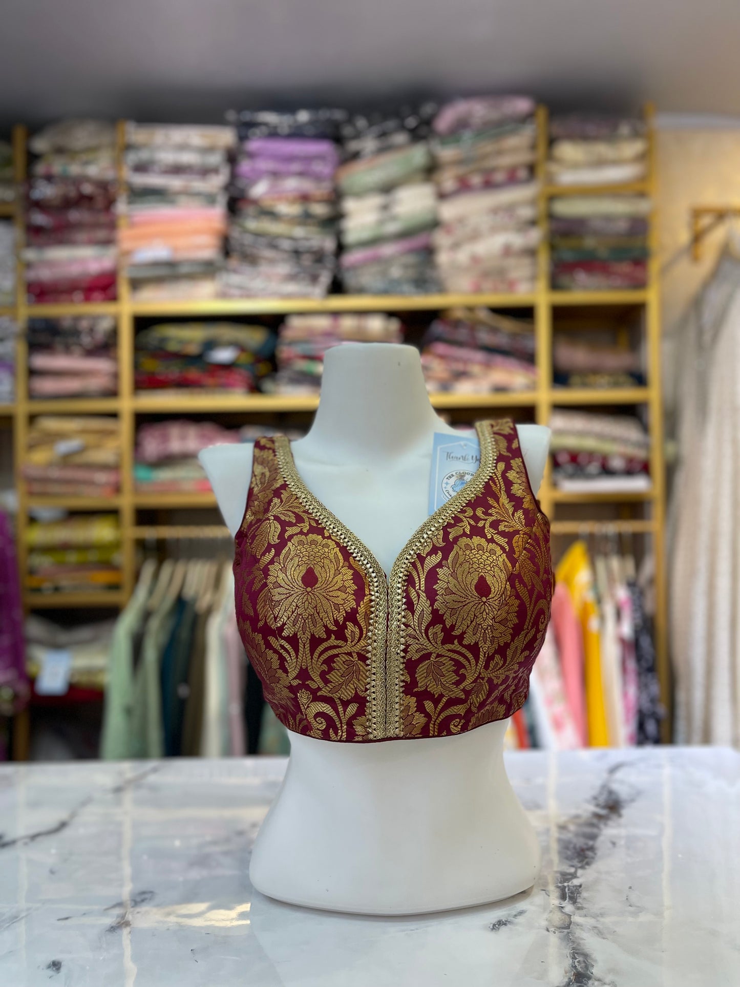 Maroon & Gold Banarasi Brocade Woven Sleeveless Blouse