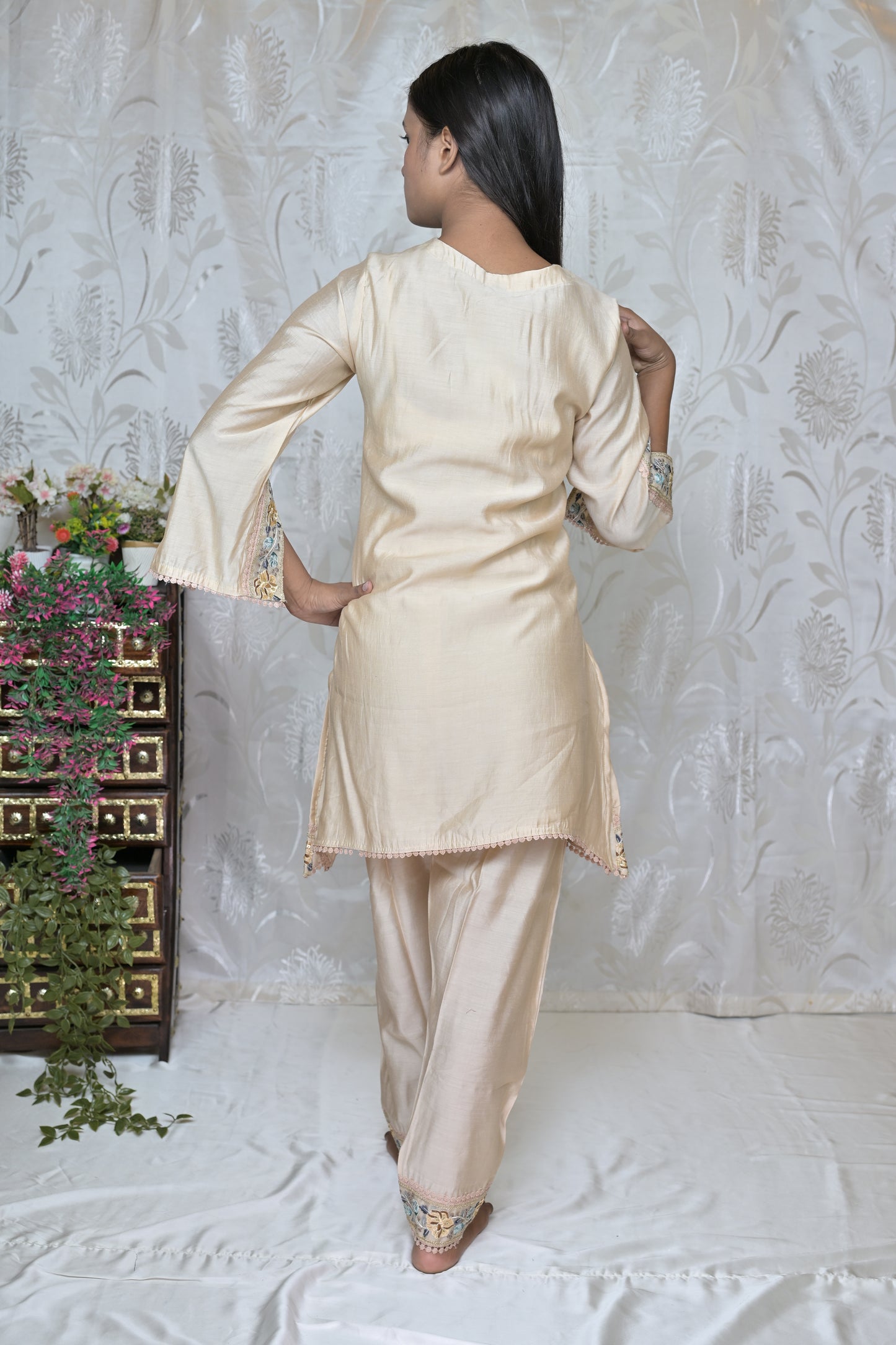 Elegant Beige Floral Suit Set with Printed Dupatta