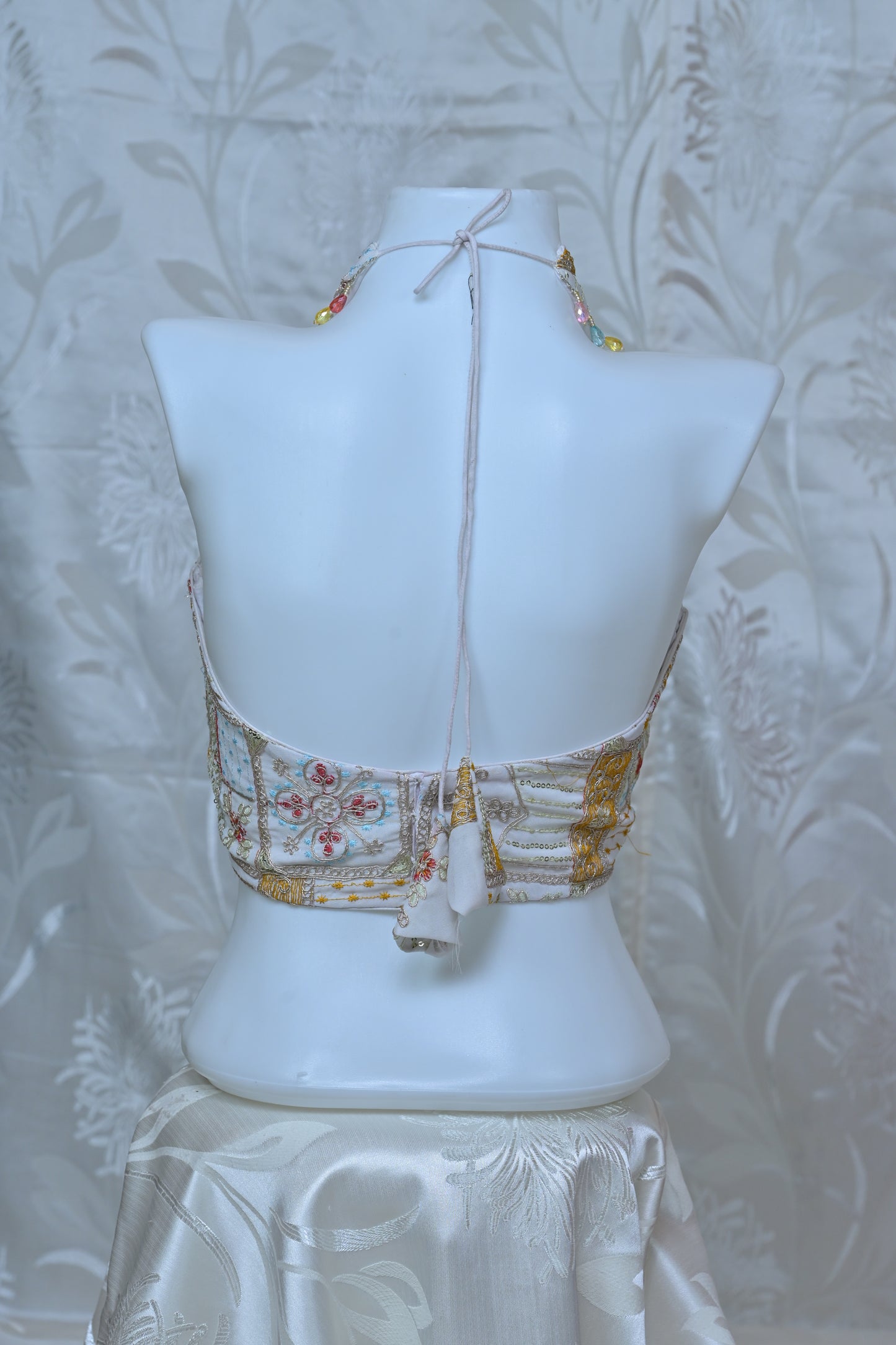 Embroidered Patchwork Halter Neck Backless Blouse
