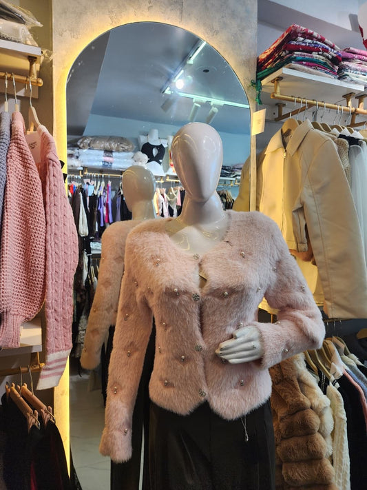 Blush Cloud" Faux Fur & Pearl Knit Cardigan