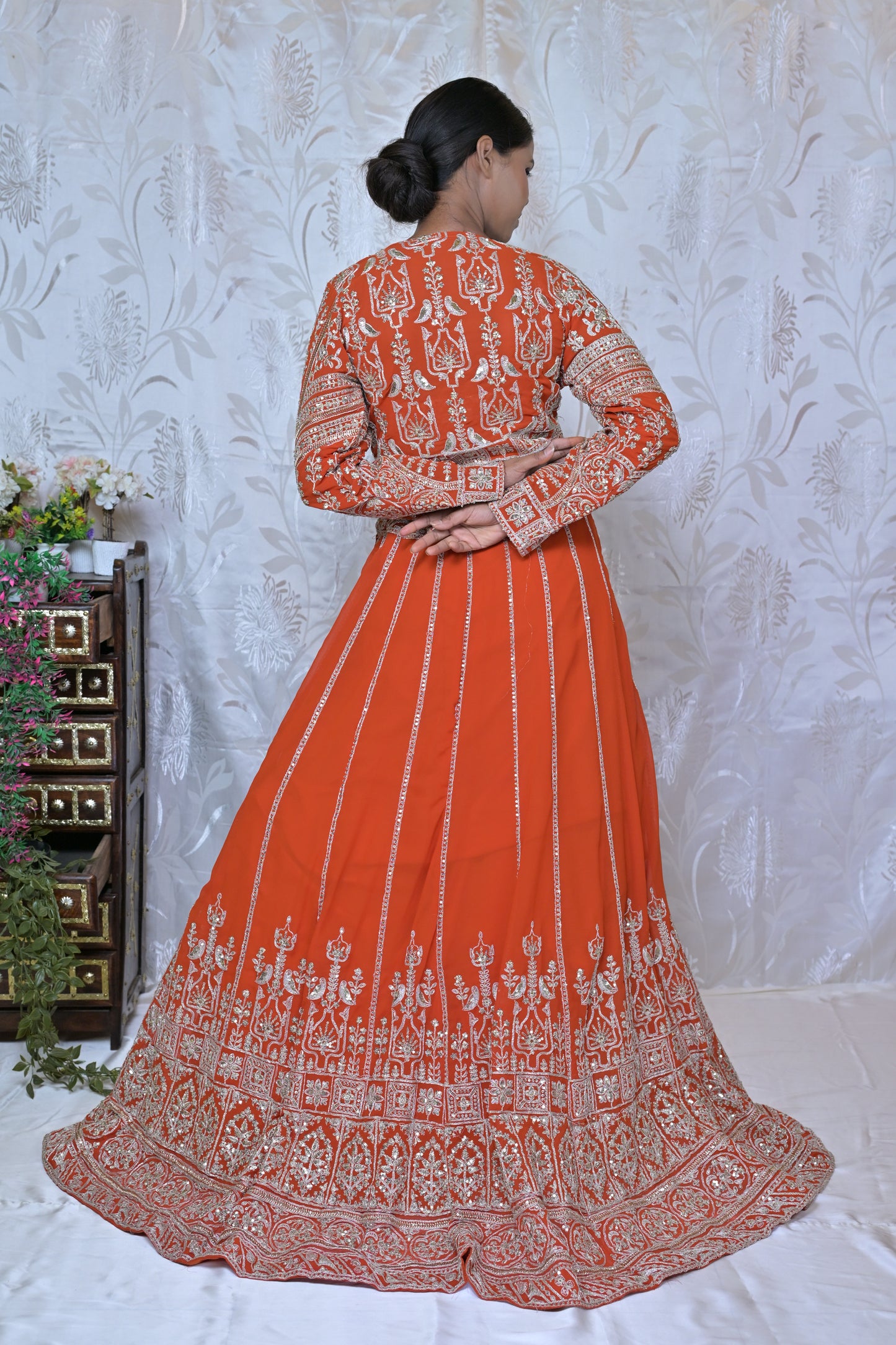 Orange Embroidered Lehenga Set with Jacket