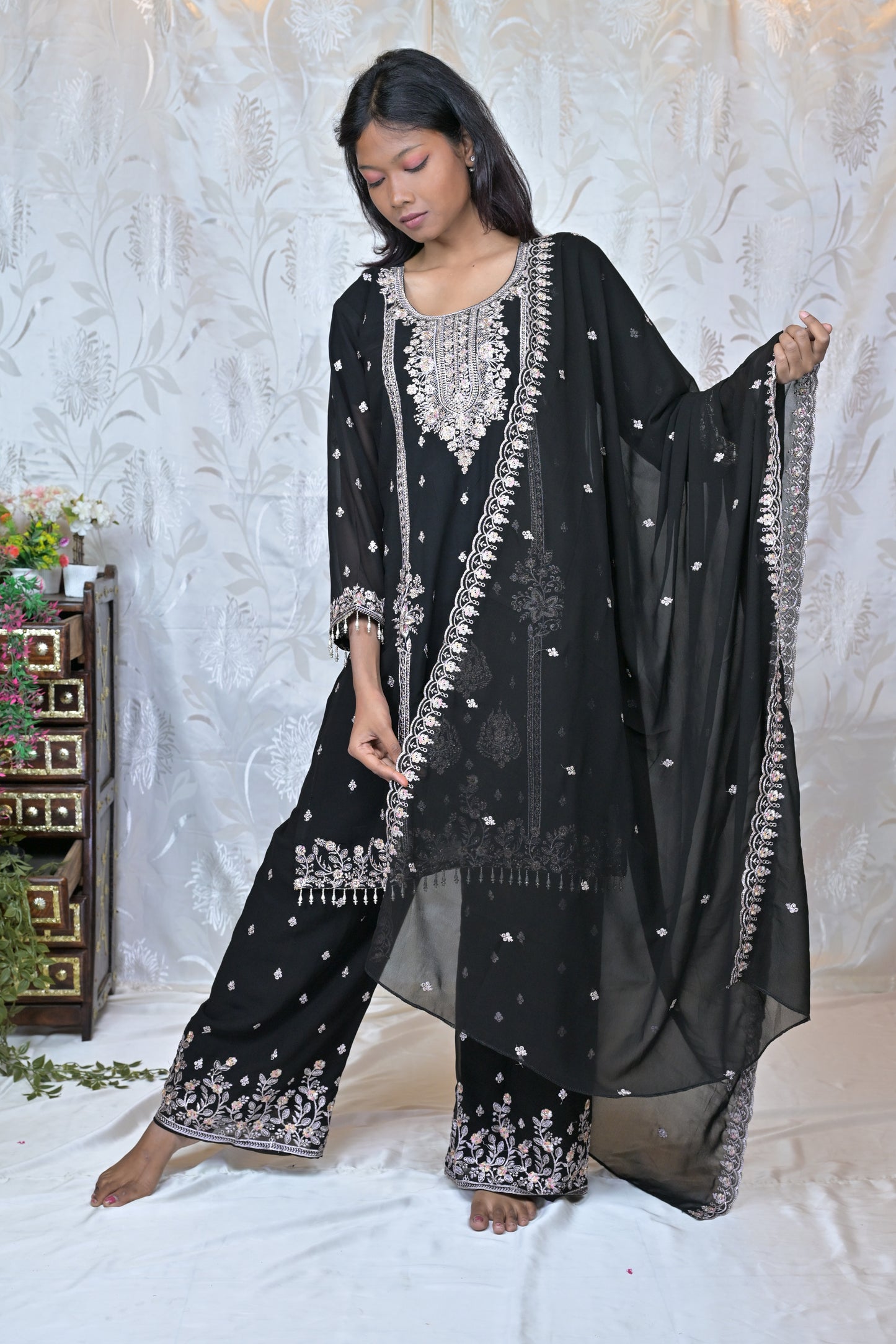 Exquisite Embroidered Georgette Party Wear Suit Set with Palazzos & Dupatta