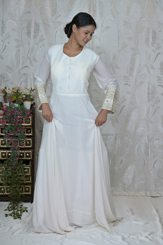 White Full Flare Anarkali Suit with Golden Embroidered Dupatta